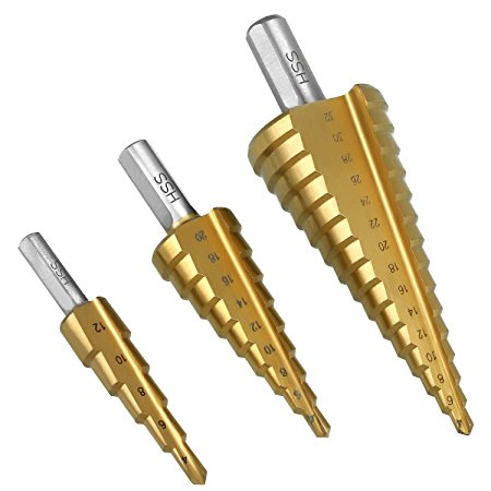 Soledi 3PCs HSS Hight Speed Steel Large Step Cone Drill Titanium Bit 4-12/20/32mm Golden