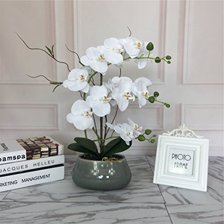 Large Lifelike Silk Orchid with Decorative Ceramic Vase,Vivid Artificial Flower Arrangement,Potted Orchid Plant,White