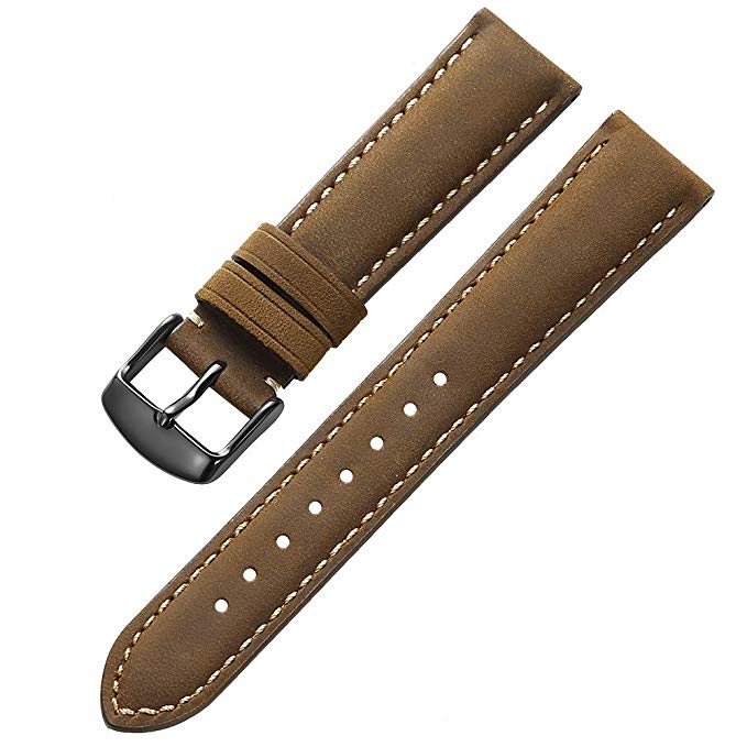 iStrap Genuine Calfskin Leather Watch Band 24mm 22mm 21mm 20mm 19mm 18mm Padded Strap Steel Spring Bar Buckle Super Soft for Men and Women (Three Color Choose)