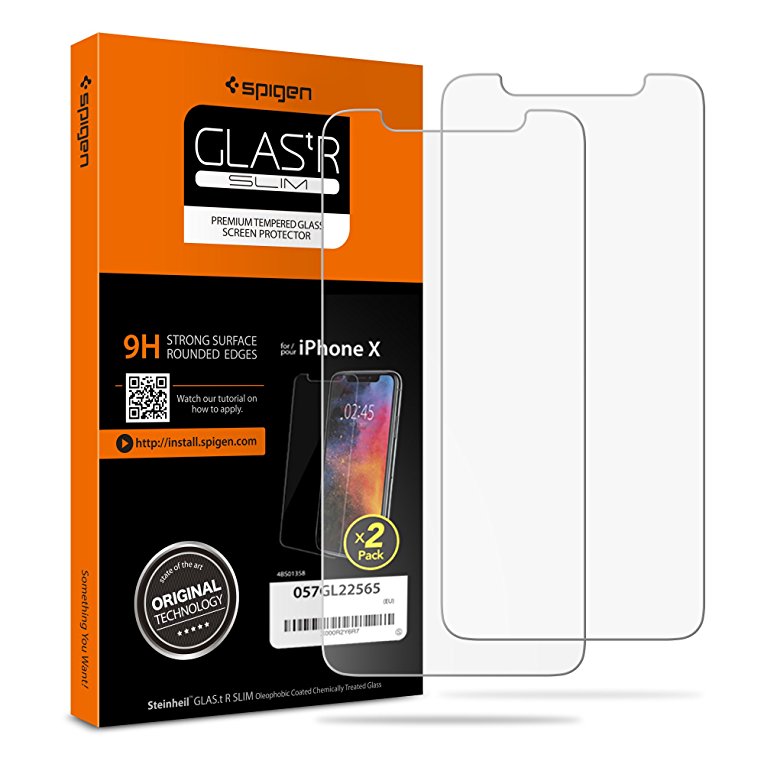 Spigen, 2pack, iPhone X Screen Protector, Easy Install Kit, Case-Friendly, iPhone X Tempered Glass, iPhone X Glass Screen Protector, Face ID Compatible for iPhone 10 / iPhone X (057GL22565)