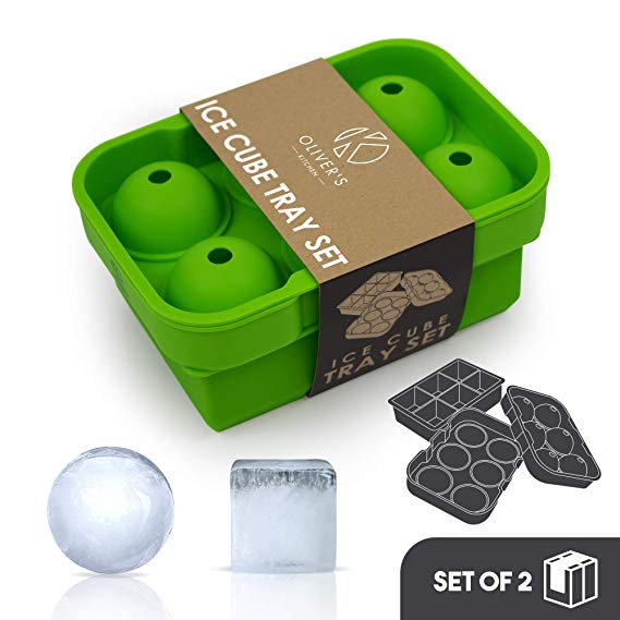 Oliver's Kitchen Ice Cube Tray - Set of 2 Large Moulds - Easy to Remove Ice Cube Balls & Squares - Stackable Lid - Silicone Moulds - Strong & Durable - Keep Whisky Gin & Drinks Colder for Longer