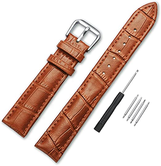 Narako Alligator Style Genuine Leather Watch Bands,Genuine Calf Leather Replacement Watch Strap with Stainless Metal Buckle Clasp 12mm, 14mm, 16mm, 18mm, 20mm, 22mm, 24mm for Men and Women