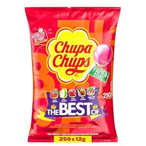 Chupa Chups Best of Lutscher-Beutel, Beutel enthält 250 Lollis in 6 Geschmacksrichtungen wie Cola, Erdbeere, Kirsch, Apfel, Himbeere-Vanille, ideal für Geburtstag & Weihnachten, 250x12g