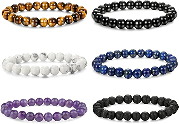 LOLIAS 4-6 Pcs Mens Womens Crystal Bracelet Jewelry Natural Stone Yoga Healing Bracelet Beads Adjustable 8MM