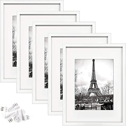 upsimples 12x16 Picture Frame Set of 5,Display Pictures 8.5x11 with Mat or 12x16 Without Mat,Wall Gallery Photo Frames,White