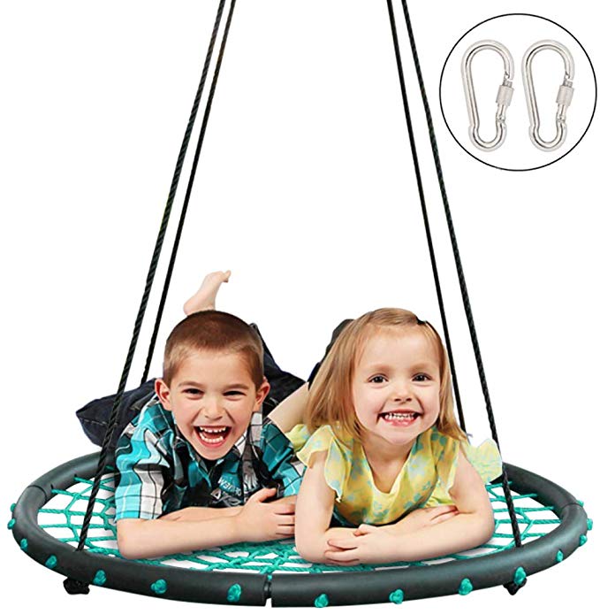 JOYMOR 40 Inch Over 600 lbs Net Spider Web Round Rope Swing with Adjustable 6Ft Hanging Staps，2 Carabiners Great for Swing Set, Backyard, Playground, Playroom (Green)