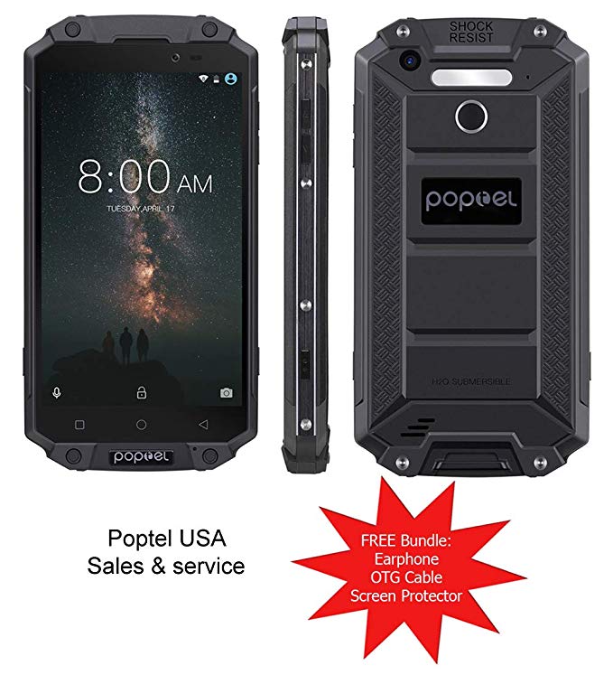 PoptelUSA 5.5" Rugged P9000 MAX, 4GB 64GB, IP68 Waterproof Shockproof Dustproof, 9000mAh Battery NFC Fingerprint Identification, Android 7.0, Network,Unlocked 4G, Dual SIM (Black)