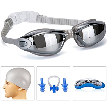 GAOGE Swim Goggles,Swimming Goggles   Swim Cap   Case   Nose Clip   Ear Plugs, Triathlon Swim Goggles Mirror Coated Lenses Anti-Fog Shatterproof UV Protection for Adult Men Women Youth Kids Child Gray