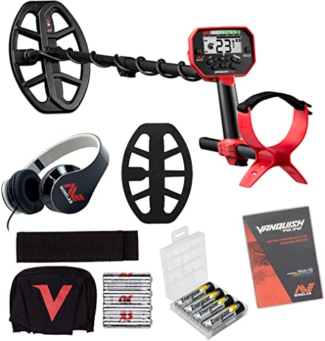 Minelab Vanquish 440 Metal Detector with V10 10"x7" Double-D Coil Bundle Includes 4 Extra AA Batteries and a Battery Case
