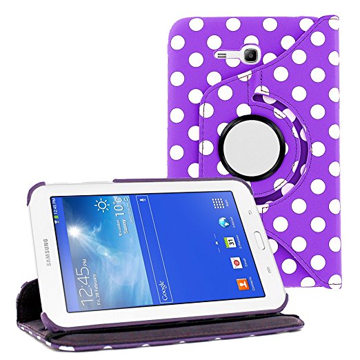 Samsung Tab 3 Lite Case By KIQ Slim Folio Stand Leather Cover for Samsung Galaxy Tab 3 Lite 7.0 SM-T110 / E T113 7-Inch Tablet (Polka Dot Purple)