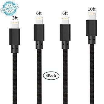 iPhone Cable - 4Pack 3FT 6FT 6FT 10FT, DANTENG Extra Long Charging Cord - Nylon Braided 8 Pin to USB Lightning Charger for iPhone 7,SE,5,5s,6,6s,6 Plus,iPad Air,Mini,iPod(Black)