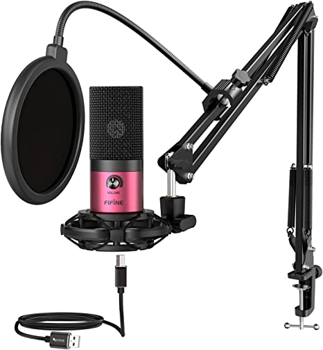 FIFINE Podcast Microphone Kit-USB PC Computer Recording Microphone, Condenser Mic Set for Streaming, Gaming, Voice-Over, Meeting, with Arm Stand, Shock Mount, Pop Filter-T669 Rose Red