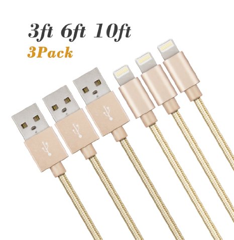 Kabel Leader 3Pack 3ft/6ft/10ft Durable Nylon Braided lightning iPhone Cable to USB Charging Cable Cord for iPhone SE/6/6s/6 Plus/5/5s, iPad 4 Mini Air iPod Nano 7 iPod Touch 5(Gold)