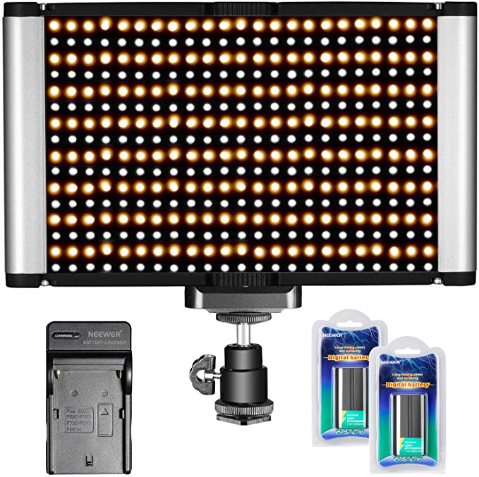 Neewer 280 LEDs CRI 95  Bi-Color Dimmable Camera LED Video Light Panel with Cold Shoe 3200K-5600K Adjustable and 7.4V 2600mAh Batteries, Charger for Canon Nikon Camcorders DSLR Cameras