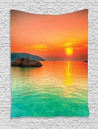 Ambesonne Nature Decor Collection, Sunset over the Sea Con Dao Vietnam Golden Sunlights Colorful Sky Reflection on Water Picture, Bedroom Living Room Dorm Wall Hanging Tapestry, Teal Peach