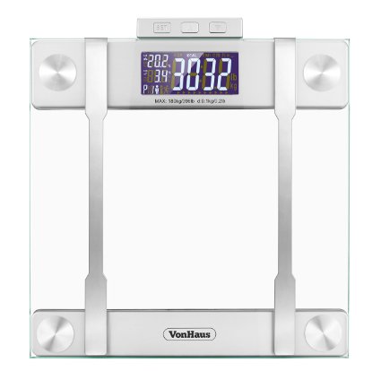 VonHaus Body Fat Scale - BMI Weight Scale with Body Composition Analyser, Hydration Monitor, 400lb Weight Capacity, Silver/Glass Bathroom Weight Scales