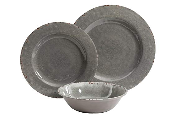 Gibson Studio 114336.12 Mauna 12 Piece Heavy Weight Melamine Dinnerware Set, Grey Rustic