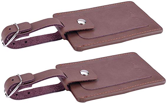 AVIMA Premium Luxury Executive Leather Luggage & Bag Tags 2 Pieces Set with Snap Closure (Brown)