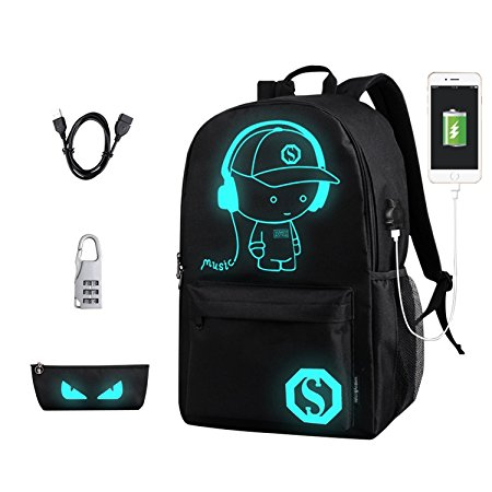 Anime Backpack for School, SKL Luminous Backpack Canvas Cartoon Backpack with usb Cable and Lock and Pencil Bag for Teens Girls Boys-Black