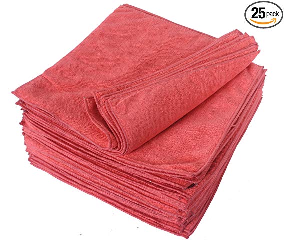 Eurow Microfiber 14 x 14in 300 GSM Cleaning Towels 25-Pack (Red)