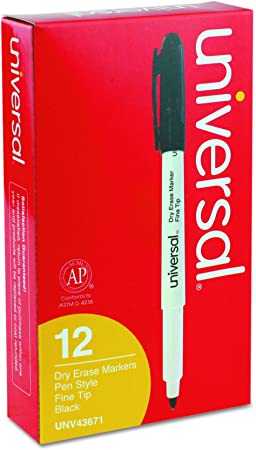 Universal 43671 Pen Style Dry Erase Marker, Fine/Bullet Tip, Black (Pack of 12)