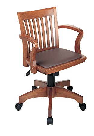 Office Star Deluxe Wood Bankers Desk Chair with Brown Vinyl Padded Seat, Fruit Wood