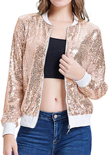 KANCY KOLE Women's Sparkly Sequin Jacket Long Sleeve Front Zip Party Blazer Bomber