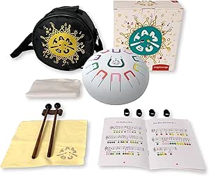 TAMBÚ Steel Tongue Drum in G Major. 8 inch metallic percussion instrument with 11 notes. Handpan Perfect for beginners. Travel Bag, Music Book, Drumsticks (Matt White)