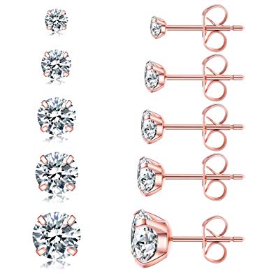 5 Pairs Stud Earrings Set, Hypoallergenic Cubic Zirconia 316L Earrings Stainless Steel CZ Earrings 3-8mm
