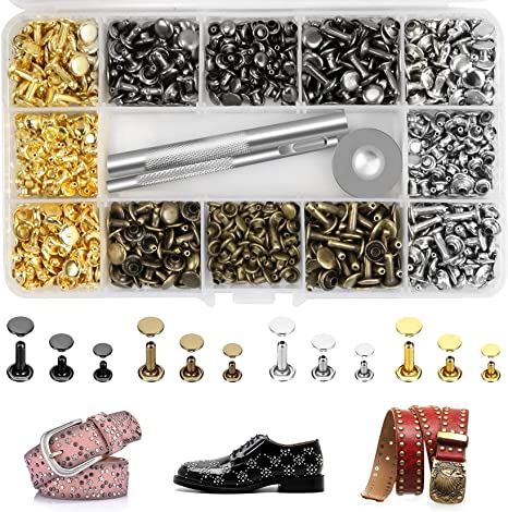 Leather Rivets Kit 240 Sets Double Cap Brass Rivets Leather Studs with 3PCS Setting Tools for Leather Repair and Crafts, 4 Colors and 3 Sizes Jetmore
