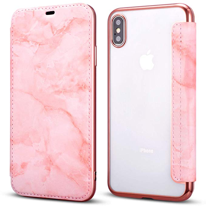 ZTOFERA Leather Case for iPhone XR,Pink Marble Pattern Anti-Scratch [Clear Back] Shockproof TPU Bumper Plating Chrome Flip Wallet Cover for iPhone XR [Pink]