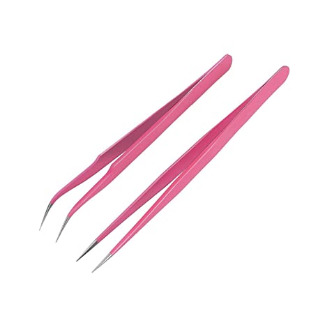 Kiseki 2 Pcs Straight and Curved Tip Tweezers Nipper for Eyebrow Nail Sequins Lash Extensions Stainless Steel False Lash Tweezer Pink