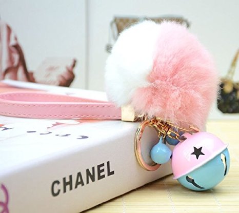 Cy3Lf Gold Plated Keychain Cute Genuine Rabbit Fur Ball Pom Pom Keychain for Car Key Ring Handbag Tote Bag Pendant,Gift for Girl Woman Lady(Pink and white)