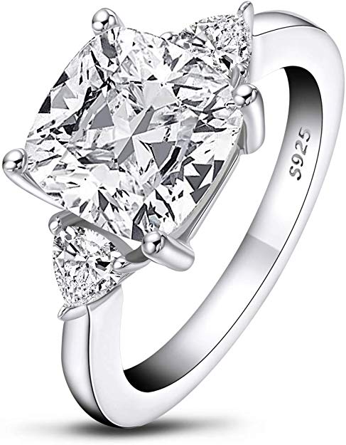 AINUOSHI 5.5 Carats Cushion Cut 925 Sterling Silver Sona Diamond Cubic Zirconia CZ 3 Stone Engagement Wedding Ring
