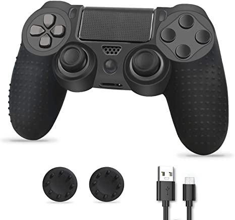 PS4 Controller Wireless, PS4 Gamepad with Skin Cover, Ps4 Manette Remote Double Shock Touch Panel Joystick Compatible with Playstation 4 Console Game (Black)
