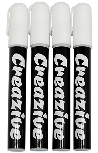 Creazive White Liquid Chalk Markers 6mm Reversible Fine / Chisel Tip - 4 Pack for Bistro Menu Board Mirror, Blackboard, Whiteboard Glass Window Markers - Erasable Chalk Ink Pens For Kids & Artist