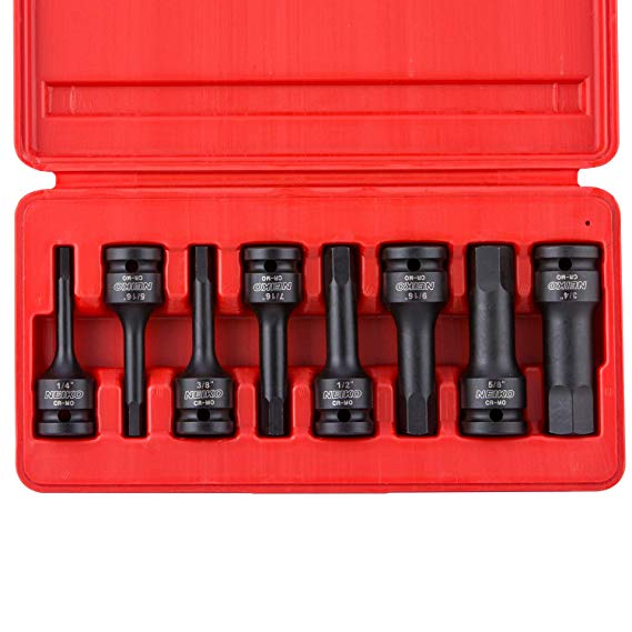 Neiko 01137B 1/2-Inch Drive SAE Allen Hex Impact Socket Set, 1/4 Inch - 3/4 Inch, Cr-Mo | 8-Piece Set