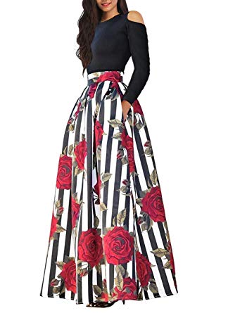 VLUNT Women's African Floral Print A Line Long Skirt Pockets Two Pieces Maxi Dress
