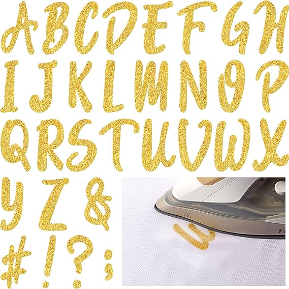 Outus 279 Pieces Graduation Iron on Letters 2 Inch A-Z Flock Letters Transfer Letters Christmas Stocking Letter Stickers Iron on Flocking Letters Alphabet for Graduation Cap Toppers (Glitter Gold)