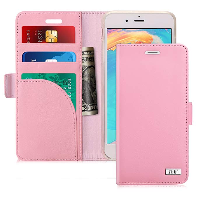 FYY [Genuine Leather] Case for iPhone 8 /iPhone 7 2016, [RFID Blocking] Wallet Case with Credit Card Protector for iPhone 7/8 Plus(4.7") LightPink