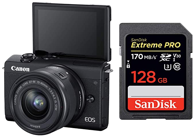 Canon EOS M200 Mirrorless Camera, EF-M 15-45mm f/3.5-6.3 is STM Lens, 24.1 MP, 16 GB Memory Card   SanDisk 128GB Extreme Pro SDXC UHS-I Card - C10, U3, V30, 4K UHD, SD Card, 3 Optical Zoom