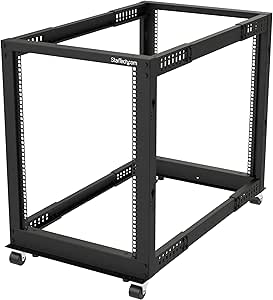 StarTech.com 4-Pfosten 15 HE Mobiles Open Frame Serverrack, 19 Zoll Netzwerk Rack mit Rädern, Rack für Computer/AV/Daten/IT Geräte - Rollen, Nivellierfüße oder Bodenmontage (4POSTRACK15U)