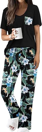 Ekouaer Pajama Sets For Women 2 Piece Short Sleeve Pj Sets With Long Printed Pants Sleepwear Casual Loose Lounge Sets