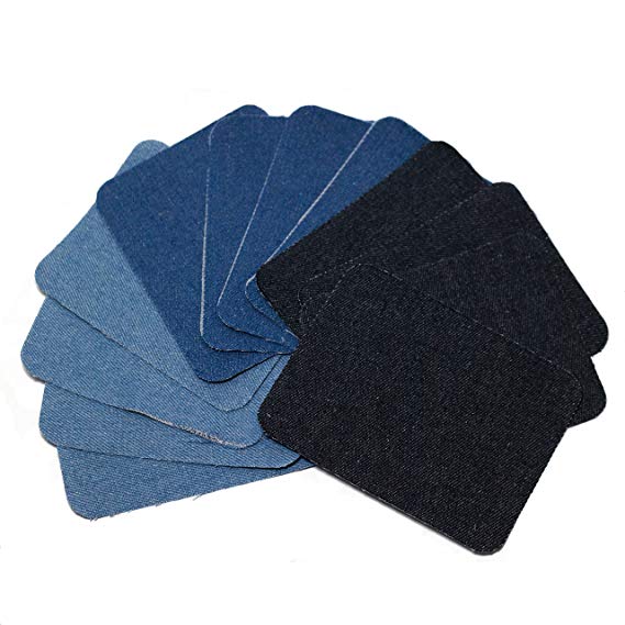 Denim Patches, Jacket Jean Repair Patches, 3 Colors, 12 Pack Iron-on Patches, 4.9 x 3.7 inches.