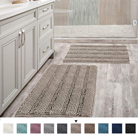 Non Slip Thick Shaggy Chenille Bathroom Rugs Soft Bath Mats for Bathroom Extra Absorbent Floor Mats Bath Rugs Set for Kitchen/Living Room (Set of 2, 20" x 32"/17" x 24", Taupe)