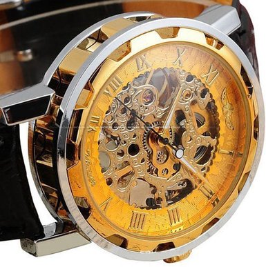Voberry® Classic Men's Leather Dial Skeleton Mechanical Sport Army Wrist Watch (Gold) (1)