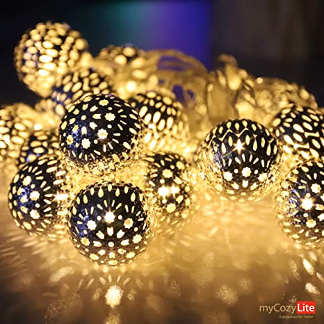 LED Globe String Lights, Warm White Moroccan Lights, Battery Powered, Unique Pattern, 20 Silver Metal Globes, with Battery Save Timer, for Indoor and Outdoor,10ft