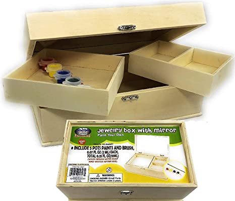 Matty's Toy Stop Design & Paint Your Own 10" Wooden Jewelry Box with Mirror & Removable Compartments, Includes 1 Brush & 5 Paints (Red, Blue, Green, White & Yellow)