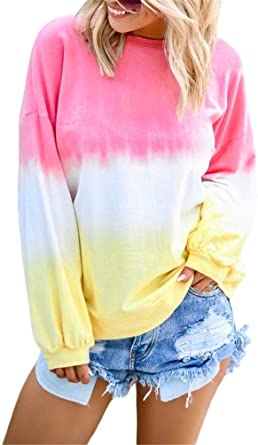 Nicetage Women Long Sleeve Sweatshirt Crewneck Tie Dye Shirt Casual Loose Colorblock Pullover Blouse Tops