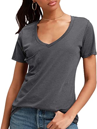 Sarin Mathews Womens Shirts Short Sleeve Tops V Neck Patch Pockets Loose Summer Casual Tops T Shirts